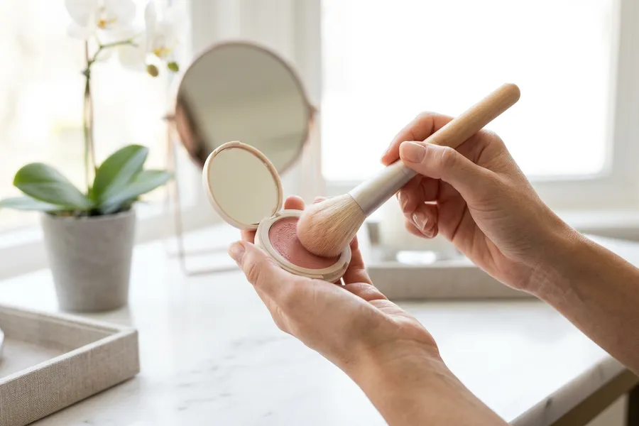 A hand sweeping a blush brush from a compact at a vanity