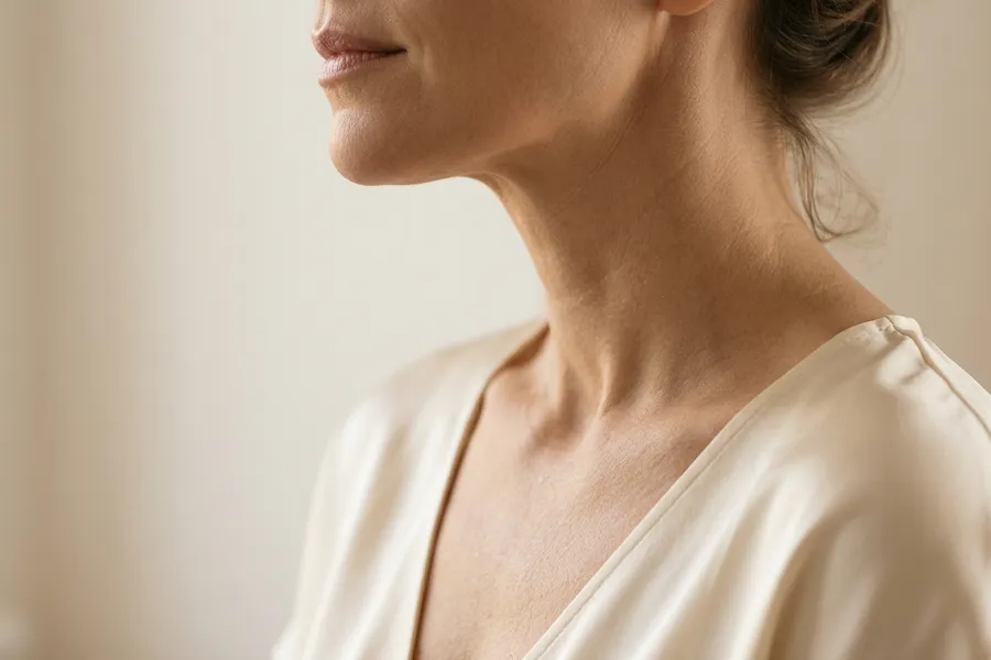 A woman's jawline and neck in soft side light
