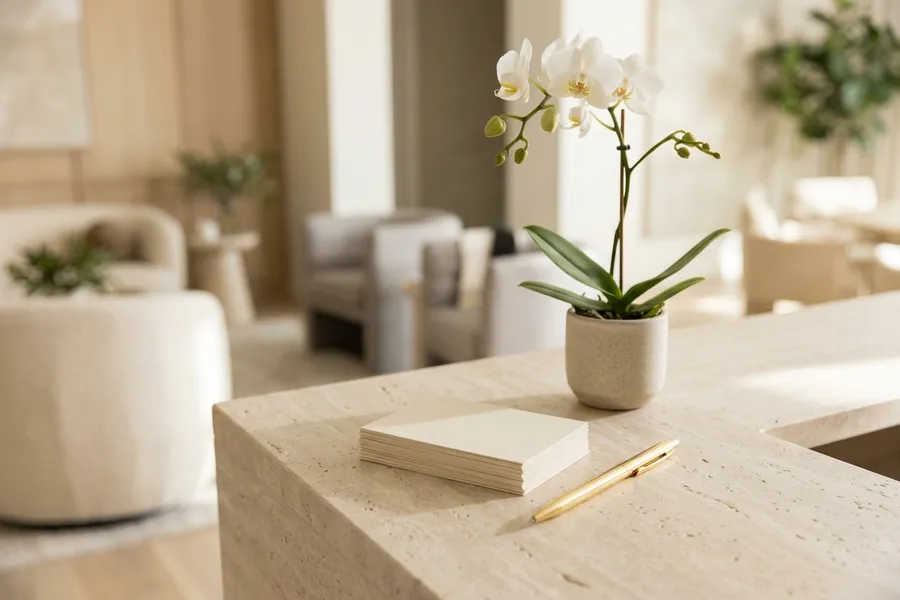 Appointment cards and a pen beside an orchid on a reception counter