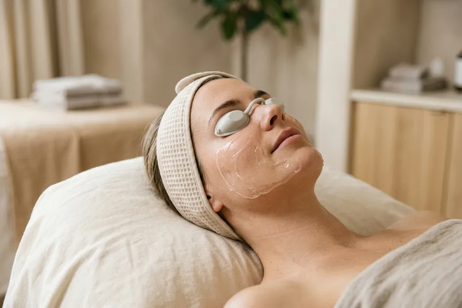 A woman resting with protective eye shields on a treatment bed