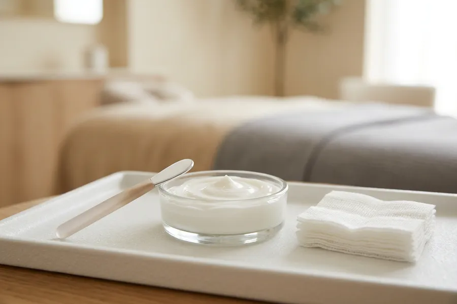 A dish of topical cream with a spatula and gauze on a treatment tray