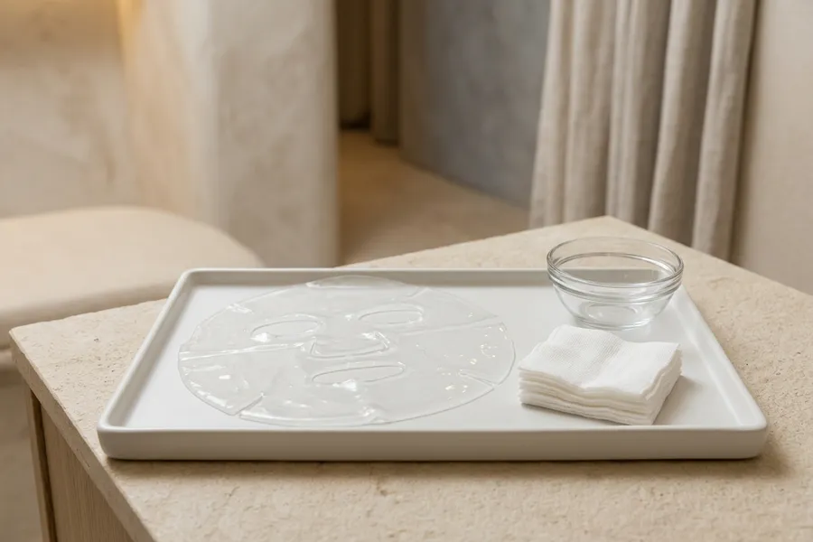 A hydrogel face mask laid out on a treatment tray