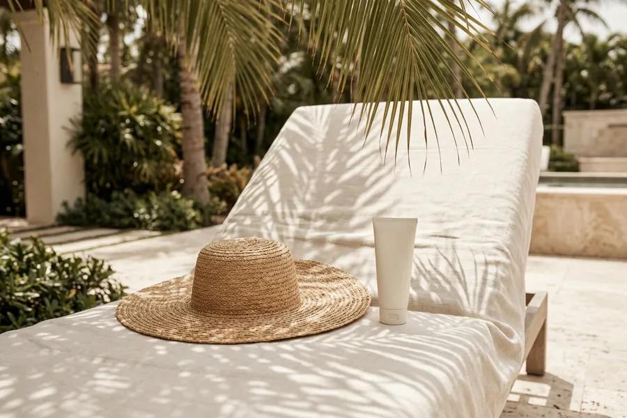 A straw sun hat and sunscreen on a lounge chair in dappled shade
