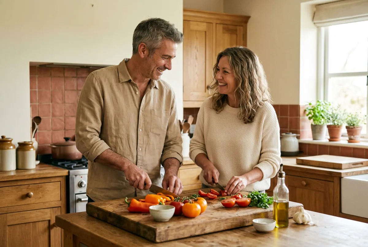 Couple around fifty cooking vegetables together at home, belly fat after 40 article, AWE Aesthetics & Wellness Experience, Pinecrest