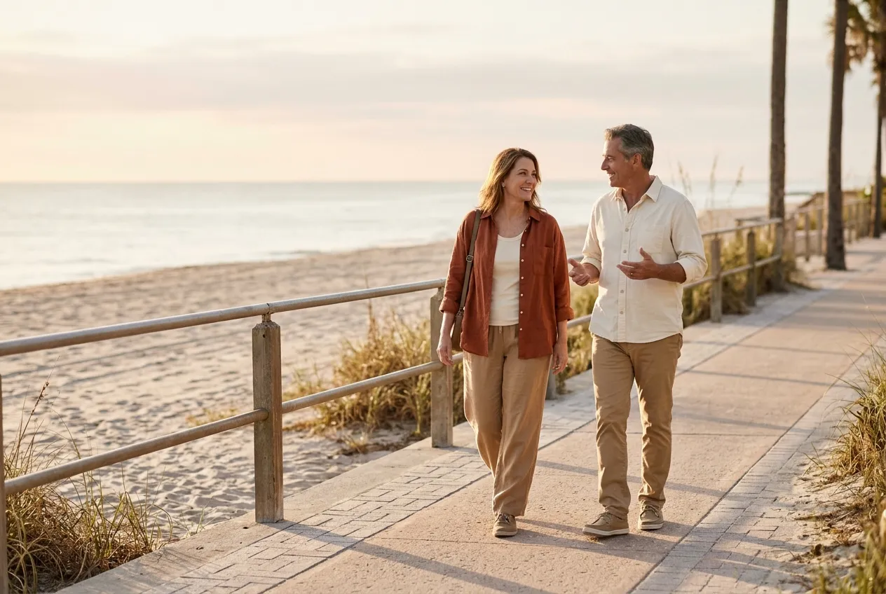 Couple around fifty walking on a seaside path in the morning, belly fat after 40 article, AWE Aesthetics & Wellness Experience, Pinecrest