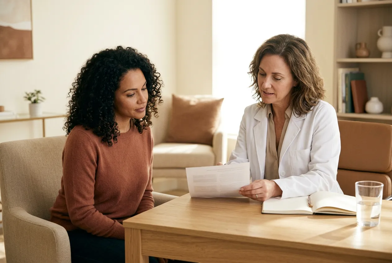 Woman and a clinician reviewing paperwork at a wooden desk, hormone imbalance article, AWE Aesthetics & Wellness Experience, Pinecrest