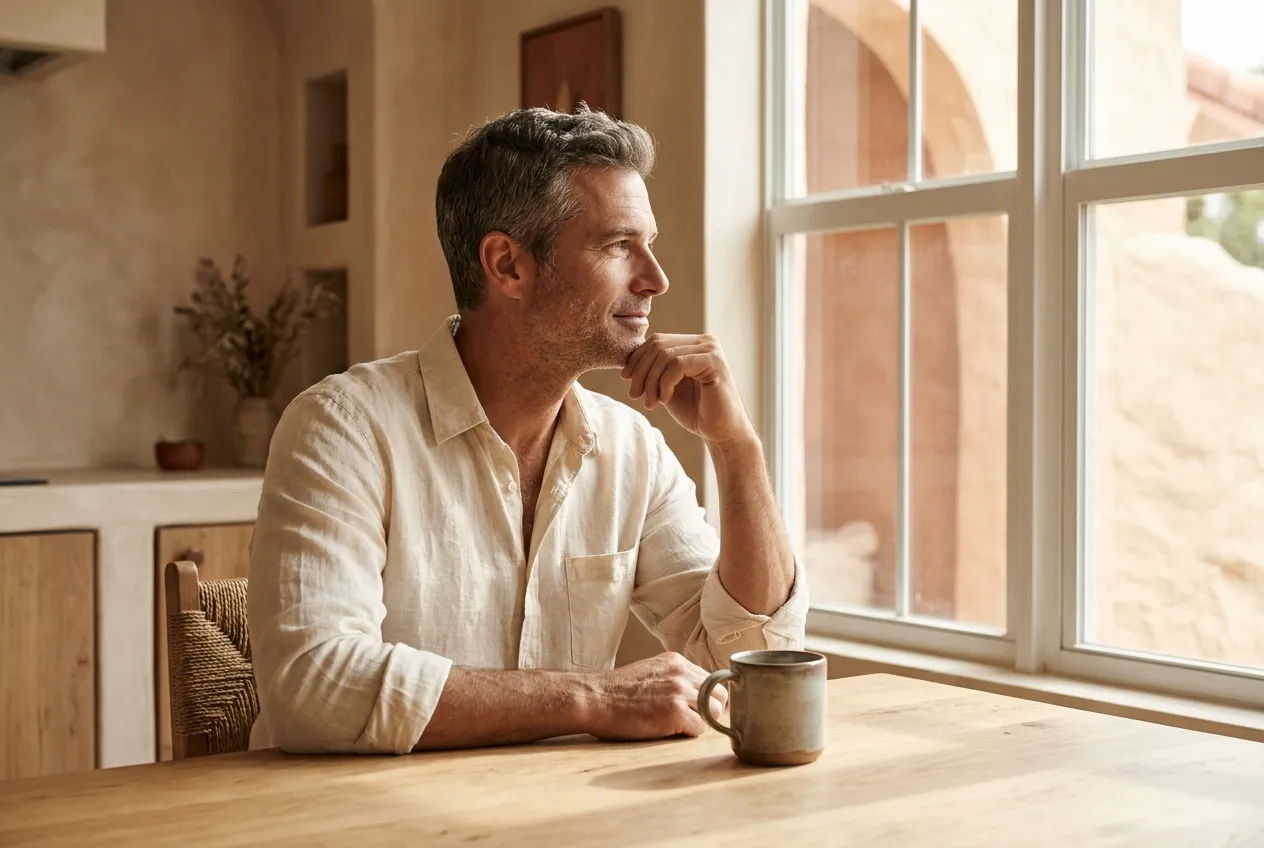 Man in his late forties with coffee by a sunny kitchen window, low testosterone article, AWE Aesthetics & Wellness Experience, Pinecrest
