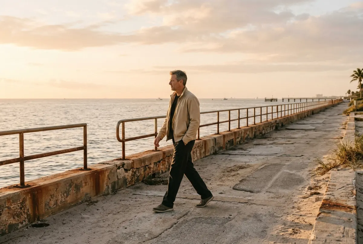 Man in his late forties walking along a Miami seawall at sunrise, low testosterone article, AWE Aesthetics & Wellness Experience, Pinecrest