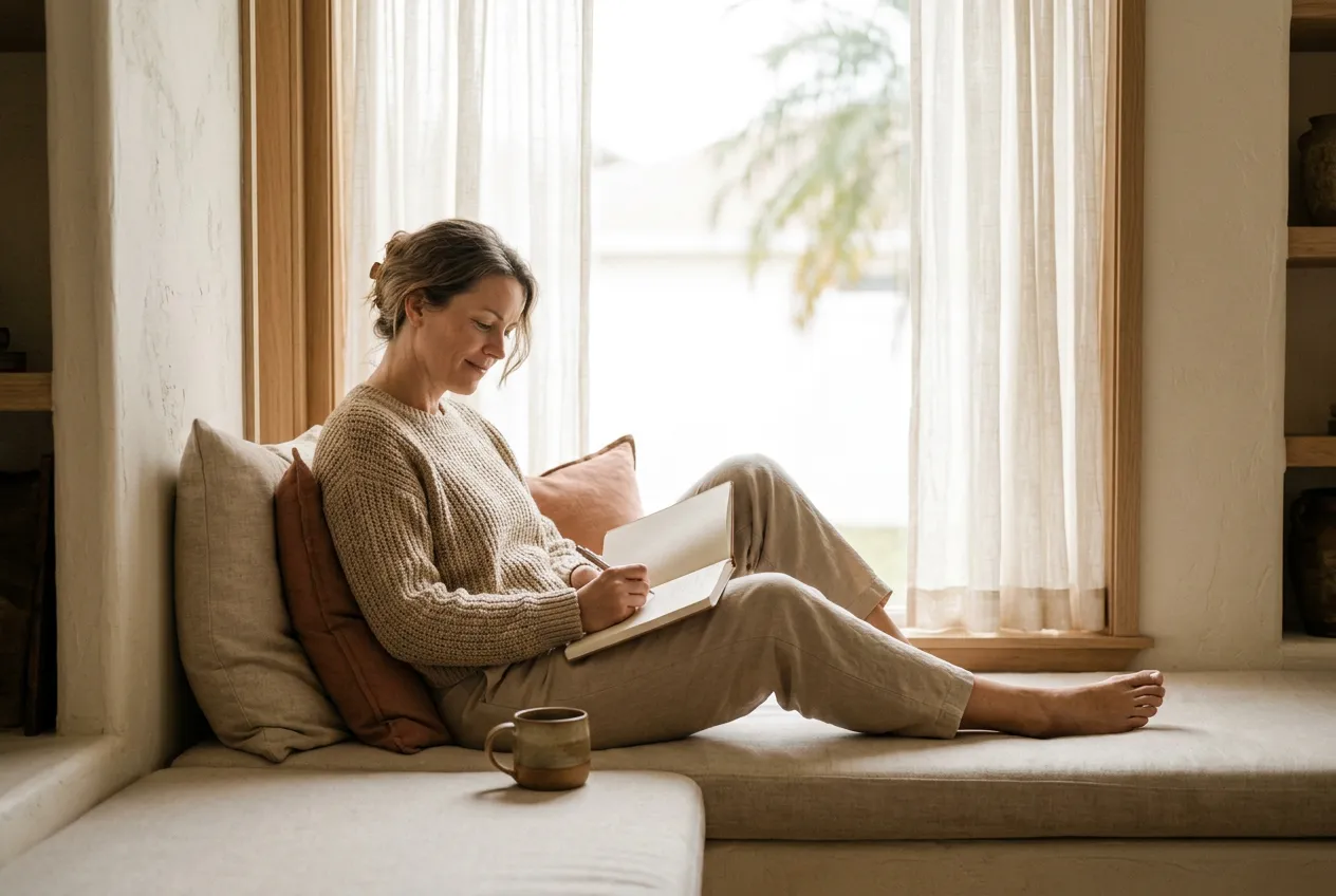 Woman in her mid forties writing in a journal on a sunny window seat, perimenopause article, AWE Aesthetics & Wellness Experience, Pinecrest