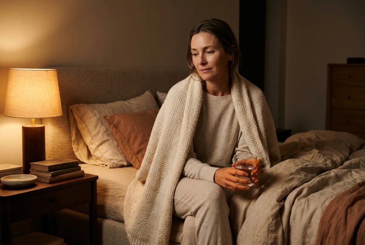 Woman wrapped in a blanket on the edge of her bed at night, perimenopause article, AWE Aesthetics & Wellness Experience, Pinecrest