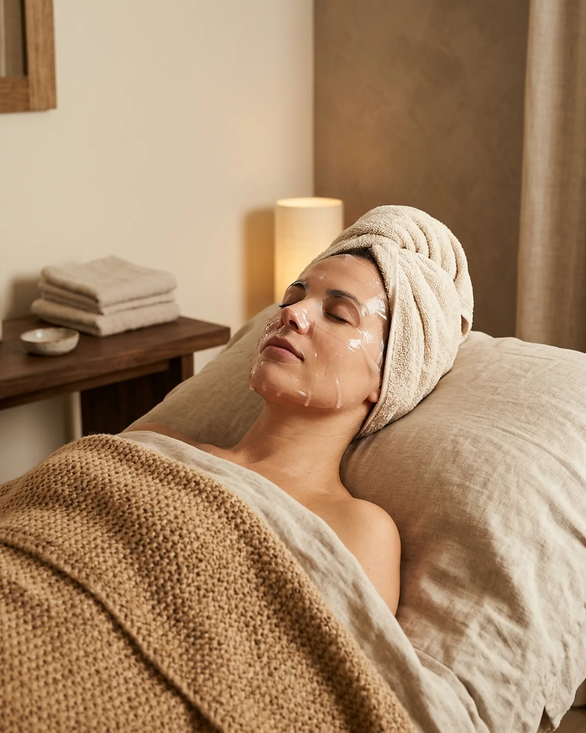 A woman resting on a treatment bed under a knit blanket, wearing a clear hydrogel mask, her hair wrapped in a towel