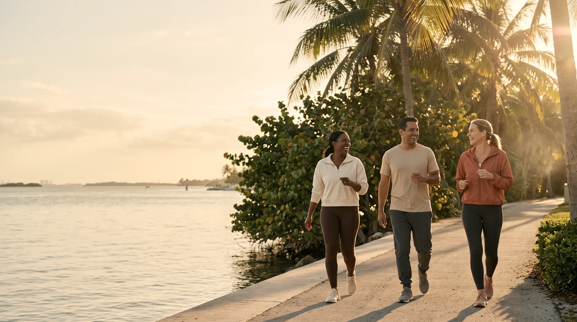 Three adults walking together on a palm lined waterfront path at sunrise